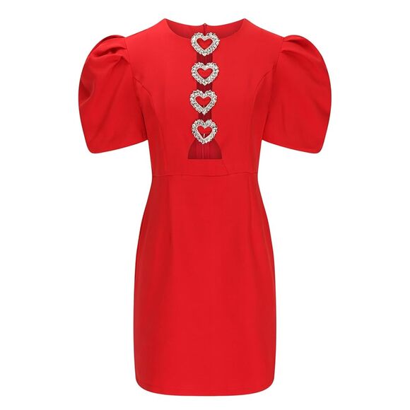 Unbranded Red Rhinestone Heart Embellished Short Puff Sleeve Dress Womens Large - Picture 1 of 7